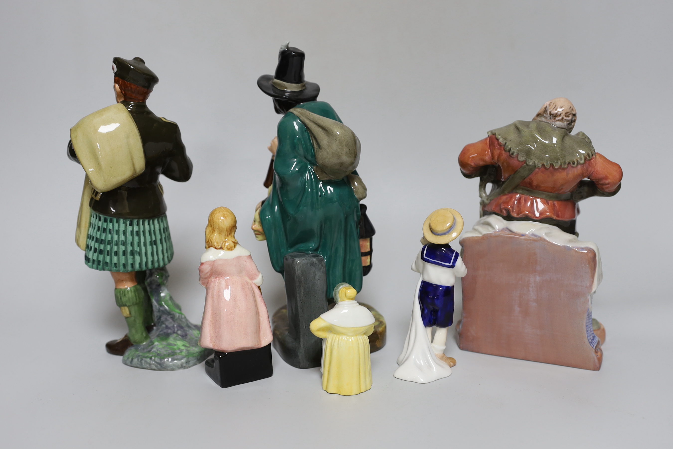 Five Royal Doulton figures and a Royal Worcester figural snuffer, tallest 21cm